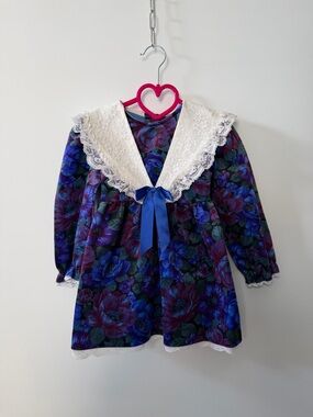 Girls Floral Dress with Lace Sailor Collar and Blue Ribbon